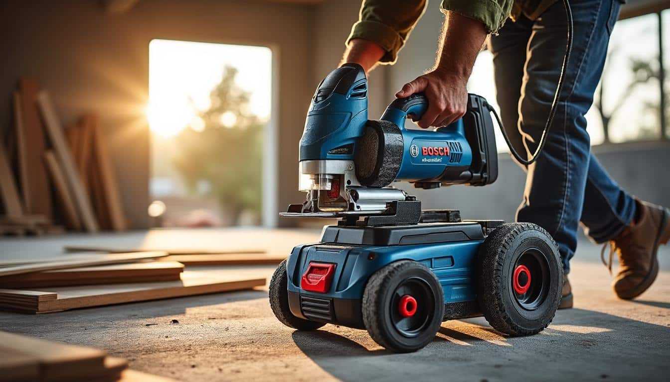 Illustration: Comment le piètement roulant GTA 60 W optimise l’usage de la scie Bosch GTS 10 XC sur chantier